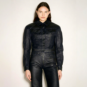 Veste en jean ciré unisexe style workwear, col rabattu, fermeture boutonnée, manches classiques, couleur unie, pour l'automne - Product Image 1