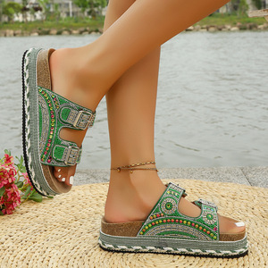 Sandales d'été en cuir à talon compensé et strass, style européen/américain, nouvelle collection 2025, grande taille, pour l'extérieur - Product Image 4