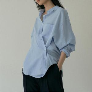 Camicie da <span class=keywords><strong>donna</strong></span> firmate in cotone Lyocell camicie a pipistrello larghe con bottone a manica lunga tasche Casual tinta unita per la primavera - Product Image 1