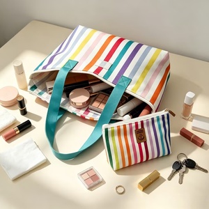 Canvas Rainbow Striped Tote Bag Set Portable <b>Handbag</b> With Matching <b>Small</b> Pouch For Daily Commute Shopping Bag - Product Image 5