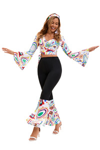 Ensemble vintage années 70 : haut court et pantalon pattes d'éléphant à imprimé abstrait style disco, tenue rétro <span class=keywords><strong>hippie</strong></span>, costume <span class=keywords><strong>de</strong></span> film et <span class=keywords><strong>de</strong></span> télévision - Product Image 5