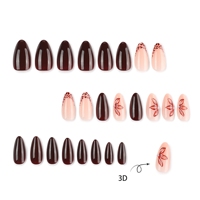 Aanpasbare wijnrode & nude gradient opzetnagels - medium amandelvorm met 3D bloemen & luipaardprint & parel accenten groothandel