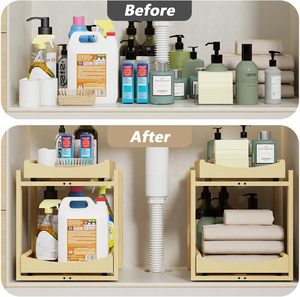 Organisateur sous évier en bambou, hauteur réglable, 2 niveaux, pour salle de bain, rangement coulissant pour armoire, étagère coulissante robuste pour cuisine - Product Image 3