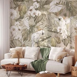 Cacatúas blancas y plantas tropicales diseño de papel tapiz de naturaleza 3D - Product Image 2