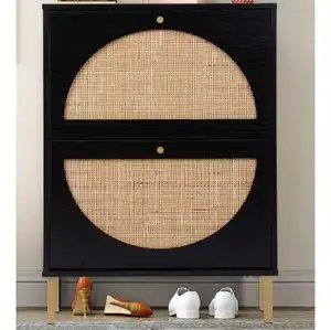 Half Round Natural Rattan Shoe Rack Black Shoe Storage Cabinet Living Room Furniture