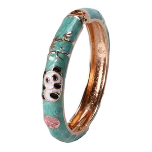 Gelang bangle cloisonne, gaya Cina, berlapis emas, kartun panda, perhiasan, gelang enamel warna-warni untuk anak-anak bayi