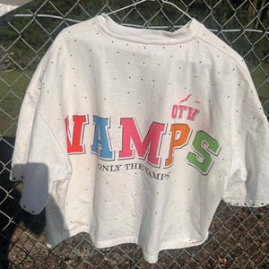 320 Gsm kapas rajutan Gotik Streetwear abu-abu t-shirt grosir berlian imitasi kustom Vintage cetak reguler cocok untuk pria kualitas tinggi - Product Image 6