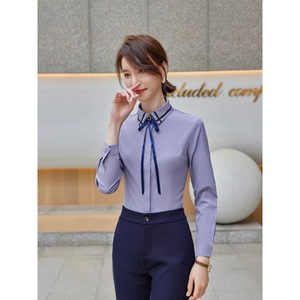 Women's Long Sleeve Shirt With Tie Neck Poplin Button Down Workwear For Business Commute Interview - Product Image 1
