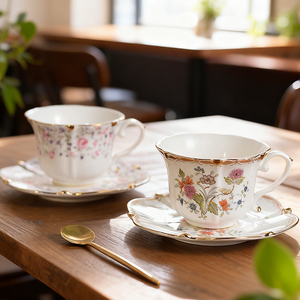 Tasses à expresso en <span class=keywords><strong>porcelaine</strong></span> imprimée de fleurs de style européen Ensemble de tasses à thé britanniques de 200ml Ensemble de tasses à café et soucoupes en céramique vintage - Product Image 2