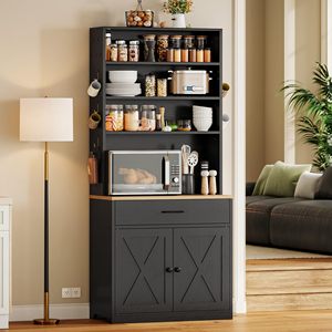 Meuble de bar à café style ferme avec tiroir, portes coulissantes, étagères réglables pour cuisine, salle à manger, salon, noir - Product Image 1