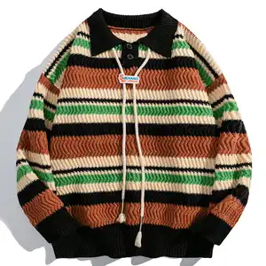Hot Selling Lapel Striped Cotton High Quality Knitted Thick Pullover Sweater For Men