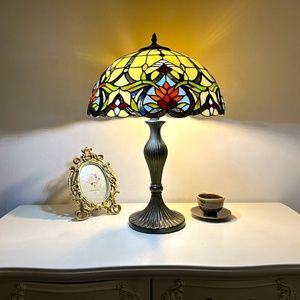 Longhuijing 16inch Stained Glass LED Table Lamp Dome Simple Eco-Friendly Yellow Mediterranean Design Bedroom Home <b>Decoration</b> - Product Image 1