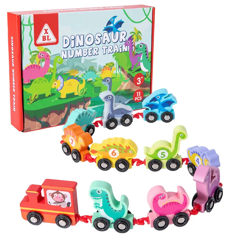 Set di combinazioni di dinosauri giurassici baby early education drag in legno digital train intelligence building block toy