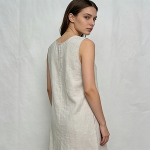 Robe d'été formelle ample beige en lin sans manches pour <span class=keywords><strong>femme</strong></span>, longueur genou, imprimé numérique uni, taille naturelle, ourlet plissé - Product Image 4