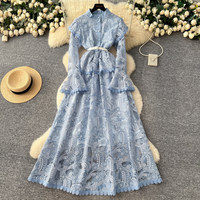 Robe longue élégante pour femme WIWT, en dentelle rose, coupe trapèze, col montant, manches évasées, ceinture, robe de soirée décontractée, robe maxi pour tous les jours