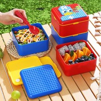 Boîte à lunch pour enfants de style blocs de construction créatifs, 2 étages, étanche, compatible micro-ondes, en PP de qualité alimentaire, avec ustensiles pour l'école