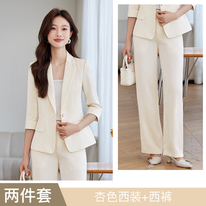 apricot-colored wide-leg suit pants