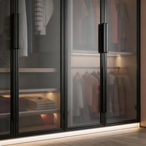 Armoire moderne avec cadre en métal noir, portes coulissantes en verre givré MDF, LED, tiroirs spacieux, tringles de suspension, étagères, élégante pour chambre à coucher - Product Image 4
