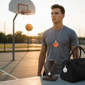 Ciondolo da basket rotondo da 23 mm in argento, accessorio gioiello sportivo - Product Image 3