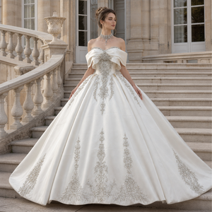 XS328 Classic Off Shoulder Satin Beaded Ivory Bridal Women's Wedding Gowns <b>Dress</b> - Product Image 1