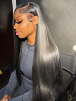 Perruque de luxe en cheveux humains raides et lisses de 30 pouces, avec mèches, sans colle, frontale en dentelle 13x4 HD transparente, pré-épilée