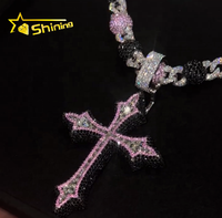 Collier pendentif en argent 925 avec charme, bijoux de rappeur personnalisés, collier de prière en moissanite rose et noir, ensemble de pendentif croix