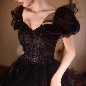 Zwarte Elegante Lange Prinses Volwassen Bruiloften Prom Feesten A-Line Natuurlijke Taille Effen Avond Feestjurk - Product Image 4