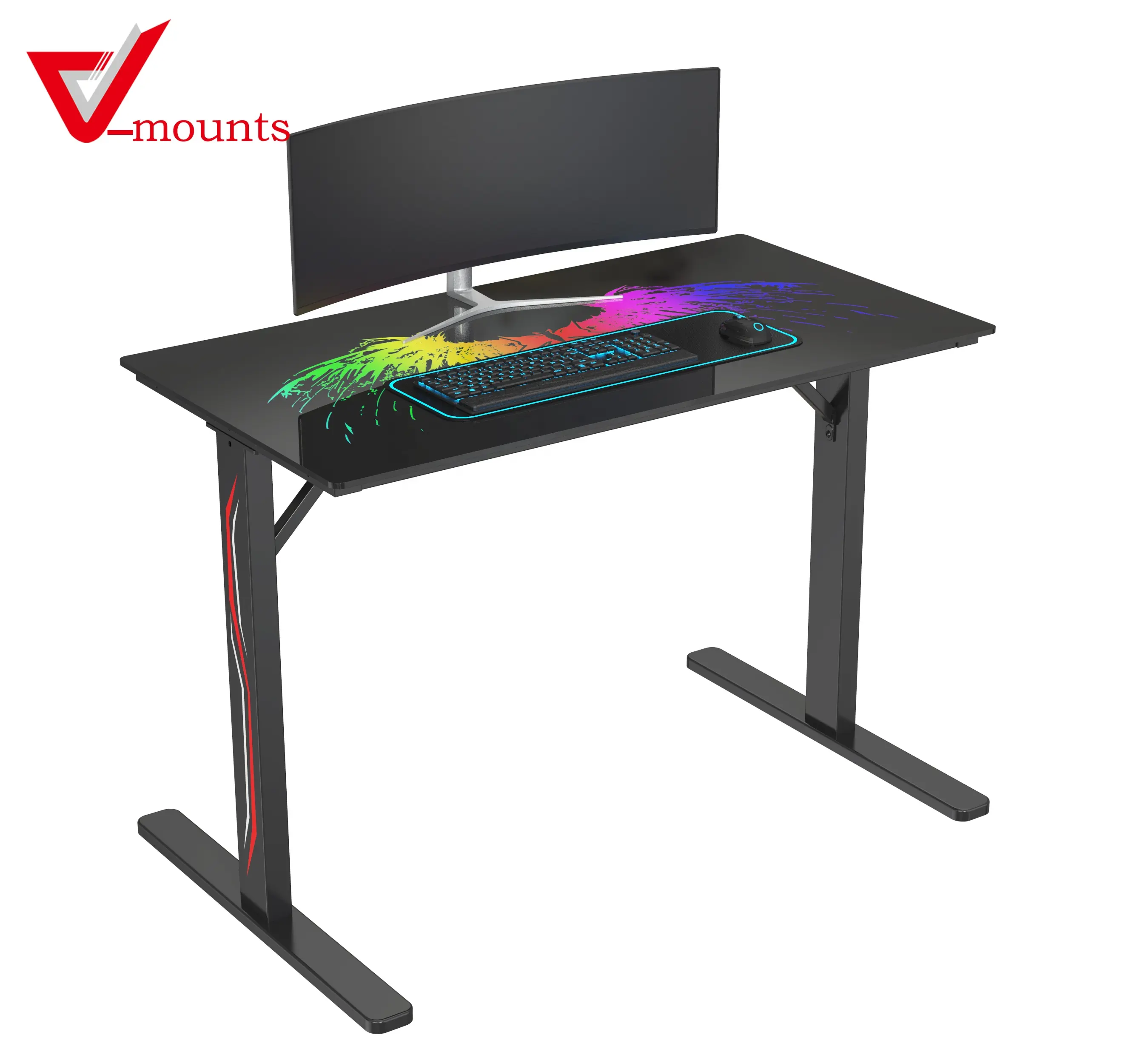 V-mounts Colorful marquee desktop pc gaming table with customized table leg stickers and tempered glass desktop