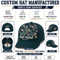 Casquette de baseball bleu marine à motif floral d'oiseaux, visière incurvée, réglable, fermeture snapback, personnalisable OEM ODM, vente en gros, accessoire de mode