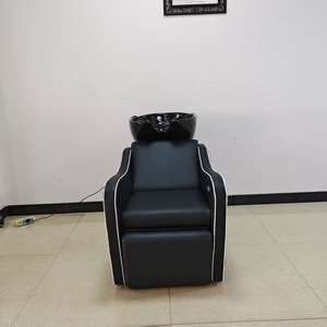 Sillón de Peluquería Contemporáneo de Cuero PU Negro con Lavabo de Cerámica y Reposapiés Plegable, Muebles de Salón - Product Image 3