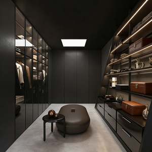 Dressing sur mesure avec cadre en aluminium, armoire en verre avec étagères ouvertes et bureau intégré, solutions de dressing de luxe - Product Image 2