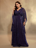 Robe de soirée maxi élégante à manches évasées scintillantes de couleur unie à col en V pour femmes grandes tailles avec fermeture éclair au dos