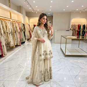 Élégant ensemble salwar en soie brodée blanche avec dupatta, longueur ras du sol, tenue traditionnelle indienne et pakistanaise pour femmes, toutes saisons - Product Image 1