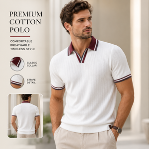 Polo homme en coton de marque premium, polo en tricot de coton, texture côtelée, col contrasté, style old money, vêtements pour hommes élégants et décontractés, luxe - Product Image 1