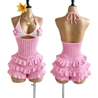 Combinaison et combishort tendance pour femmes, vêtements d'été, boutique, col halter, tricoté, sans manches, fleurs 3D, une pièce, pour femmes