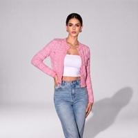 Cardigan en acrylique rose pour femme, style classique, col rond, boutons en strass à une rangée, coupe ajustée, manches longues, anti-plis