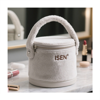 Tas Makeup Silinder Bulu Lembut Isen Cosmetic, Bentuk Barel Portabel dengan Ritsleting, untuk Wanita dan Remaja Putri, Cocok untuk Perjalanan