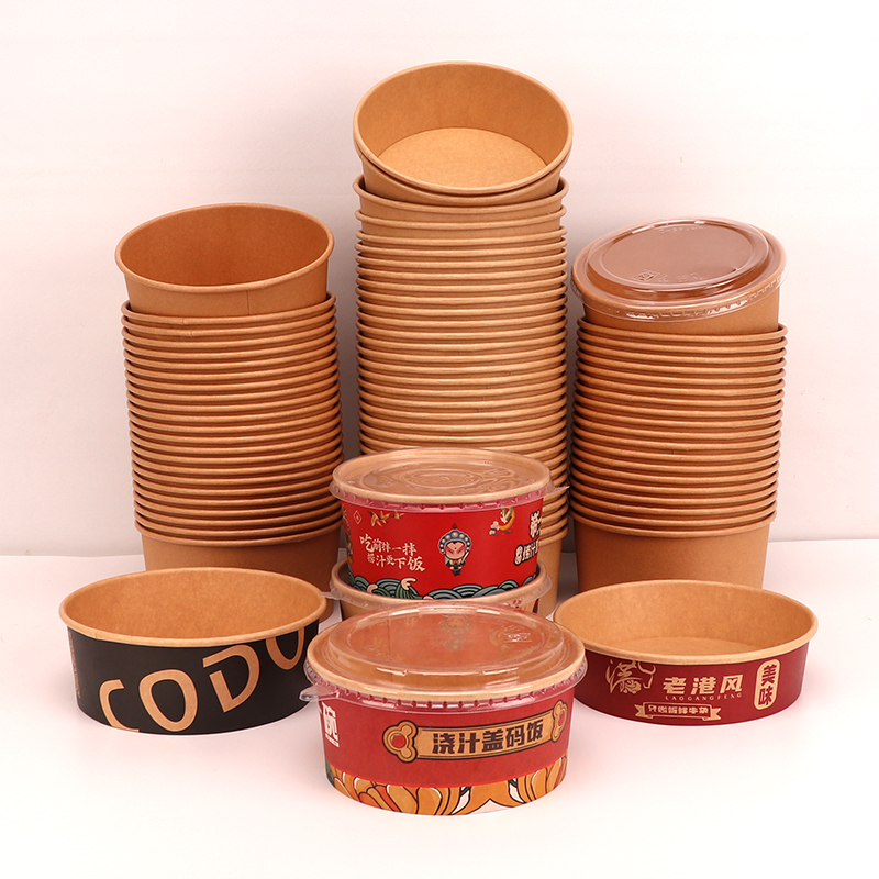 Eco-friendly Food Grade Paper Plates Salad Paper Bowl With Lid Hot Fast Food Packaging Heatable Round Kraft Paper Container
