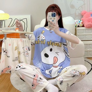 Ensemble pyjama d'été 3 pièces pour <span class=keywords><strong>femme</strong></span> Yicheng Factory : haut à manches courtes, short et pantalon long, motif dessin animé - Product Image 5