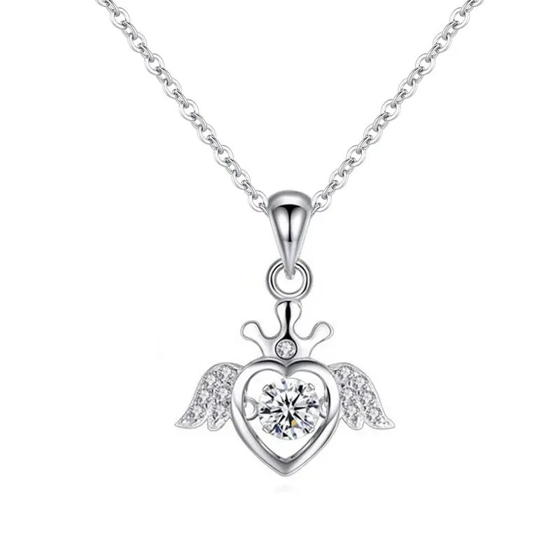 Princess Crystal Crown Sterling Silver Chains Pendant Necklace Angel Wing Silver Pendant 925 Sterling