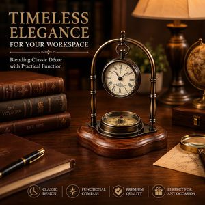 Leathervines Vintage Brass Desk <b>Clock</b> With Compass Solid Wood Base Traditional Tabletop Decor <b>Battery</b> Operated - Product Image 5