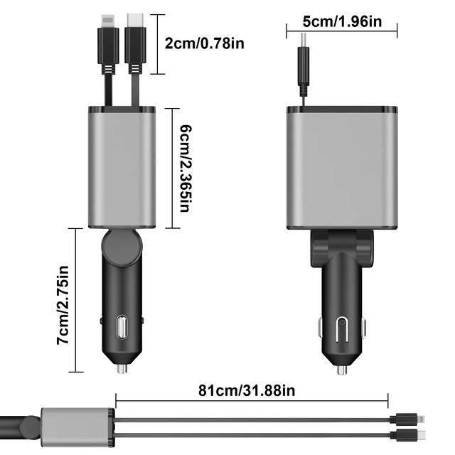 4 in 1 120W Retractable Car Charger USB Type C Cable for IPhone Huawei Samsung Fast Charge Cord Cigarette Lighter Adapter