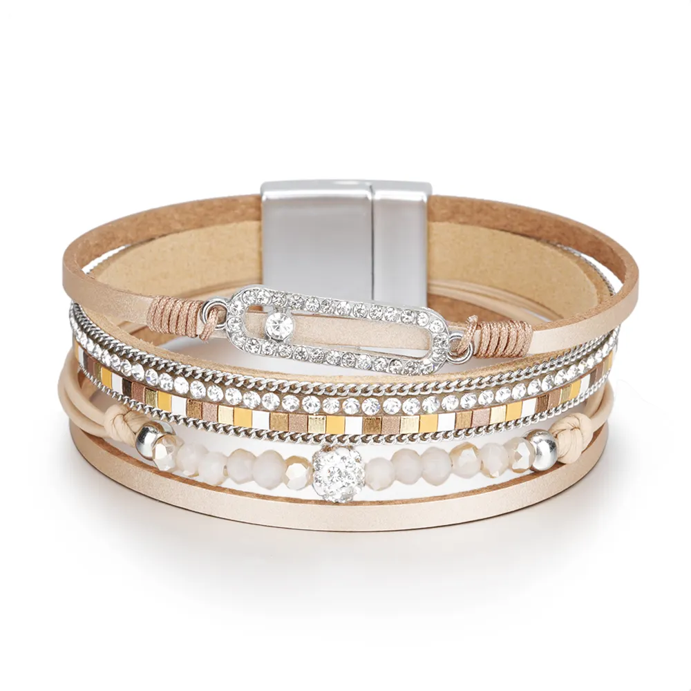 Natural Crystal Rhinestone Diamond Women's Charm Cuff Chain Hand Bracelets Leather Fashion Jewelry Accessories