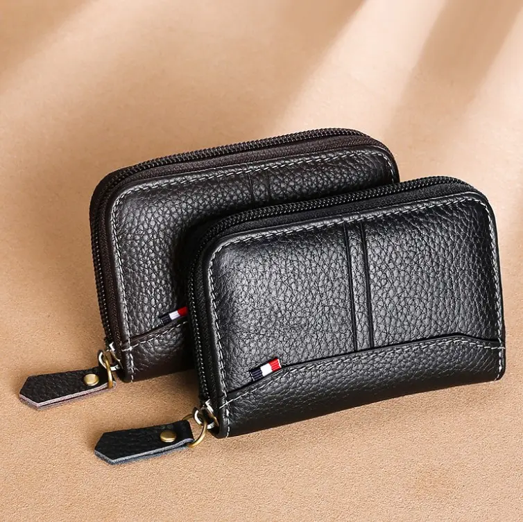 Wholesale men's and women's top business wallet card bag Genuine leather lychee pattern zipper purse for card holder wallet