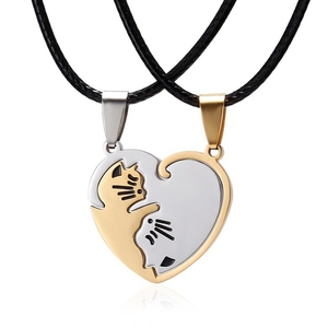 Collane per Coppie alla Moda, Set da 2 Pezzi, Cuore Spezzato con Gatto, Placcate in Oro, Acciaio Inossidabile, per Migliori <span class=keywords><strong>Amici</strong></span> - Product Image 5