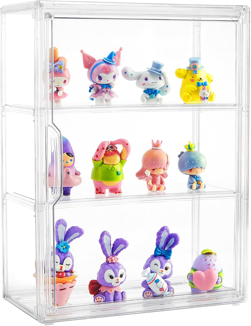 Acrylic Display Case for Collectibles 3 Tier Figure Display Case with 2 Movable Plates Clear Display Case for Figures Sticker