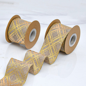 Ruban en faux jute à bordure filée, motif écossais doré, avec bordure cousue, pour couronnes de Noël, nœuds et décorations de maison pour les fêtes - Product Image 1