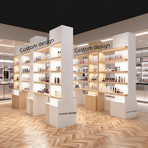 ชั้นวางเครื่องสำอางแบบมีไฟ LED แบบกำหนดเอง - ชั้นวางสินค้าสำหรับร้านค้าปลีกทำจากไม้และสีขาว พร้อมชั้นวางปรับระดับได้สำหรับ<span class=keywords><strong>ร้าน</strong></span>เสริมสวย - Product Image 3