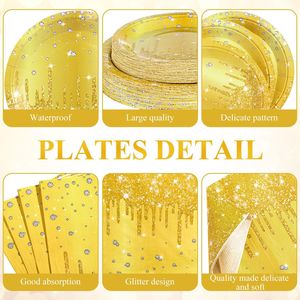 Gold Glitter Paper <b>Plates</b> Napkins Cups <b>Disposable</b> Party Supplies Wedding Birthday Anniversary Decorations - Product Image 3