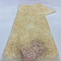 Tissu en dentelle brodée de perles africaines noires et de sequins, couleur foncée, pour robe femme, 100% polyester tricoté